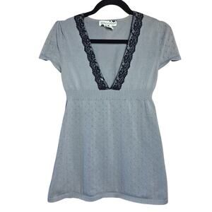 Y2k vintage smudge babydoll top cap sleeve lace trim v neck sweater knit 2000s